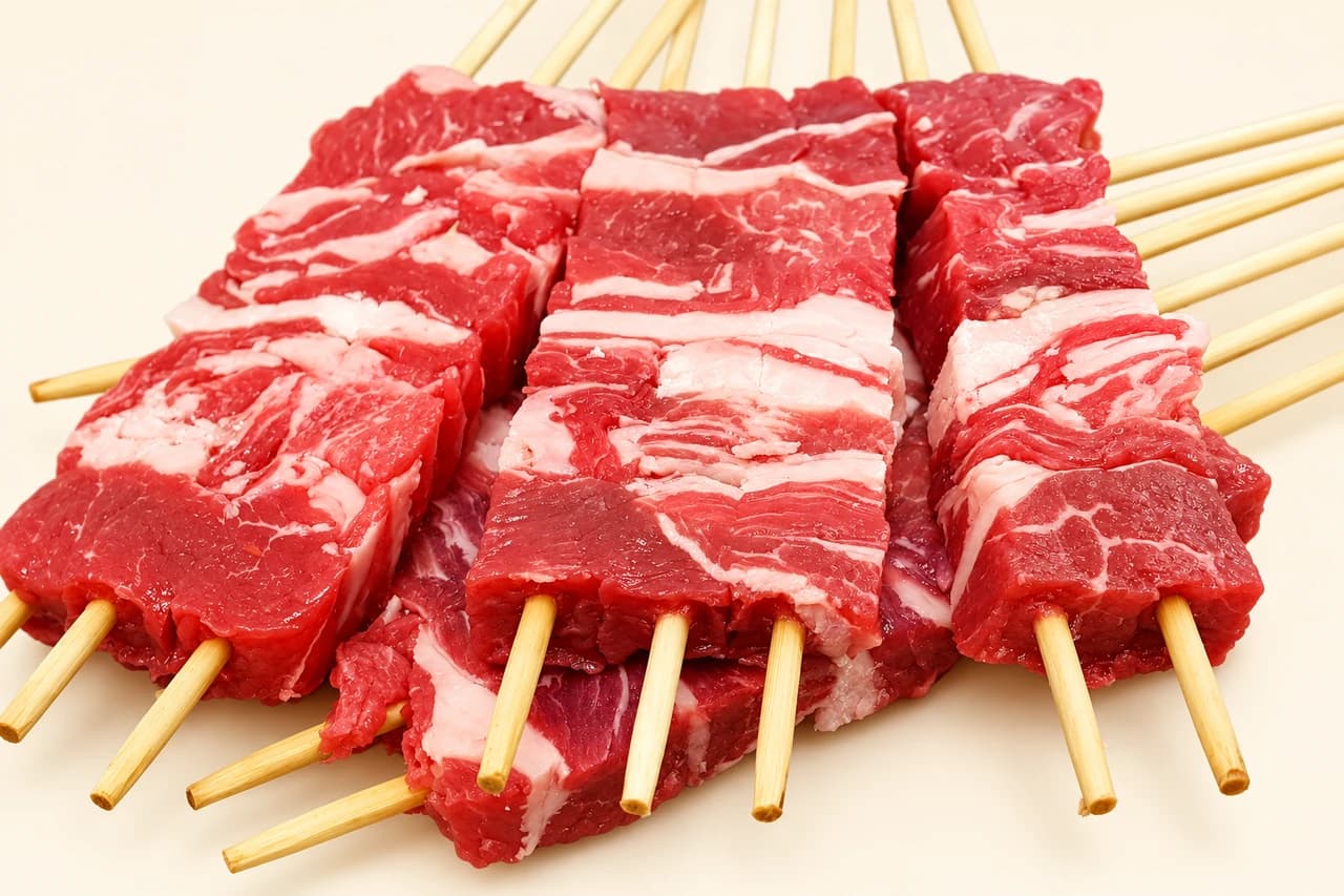 Arrosticini Angus crudi su spiedini di legno, fotografia adattata allo stile BraciPop